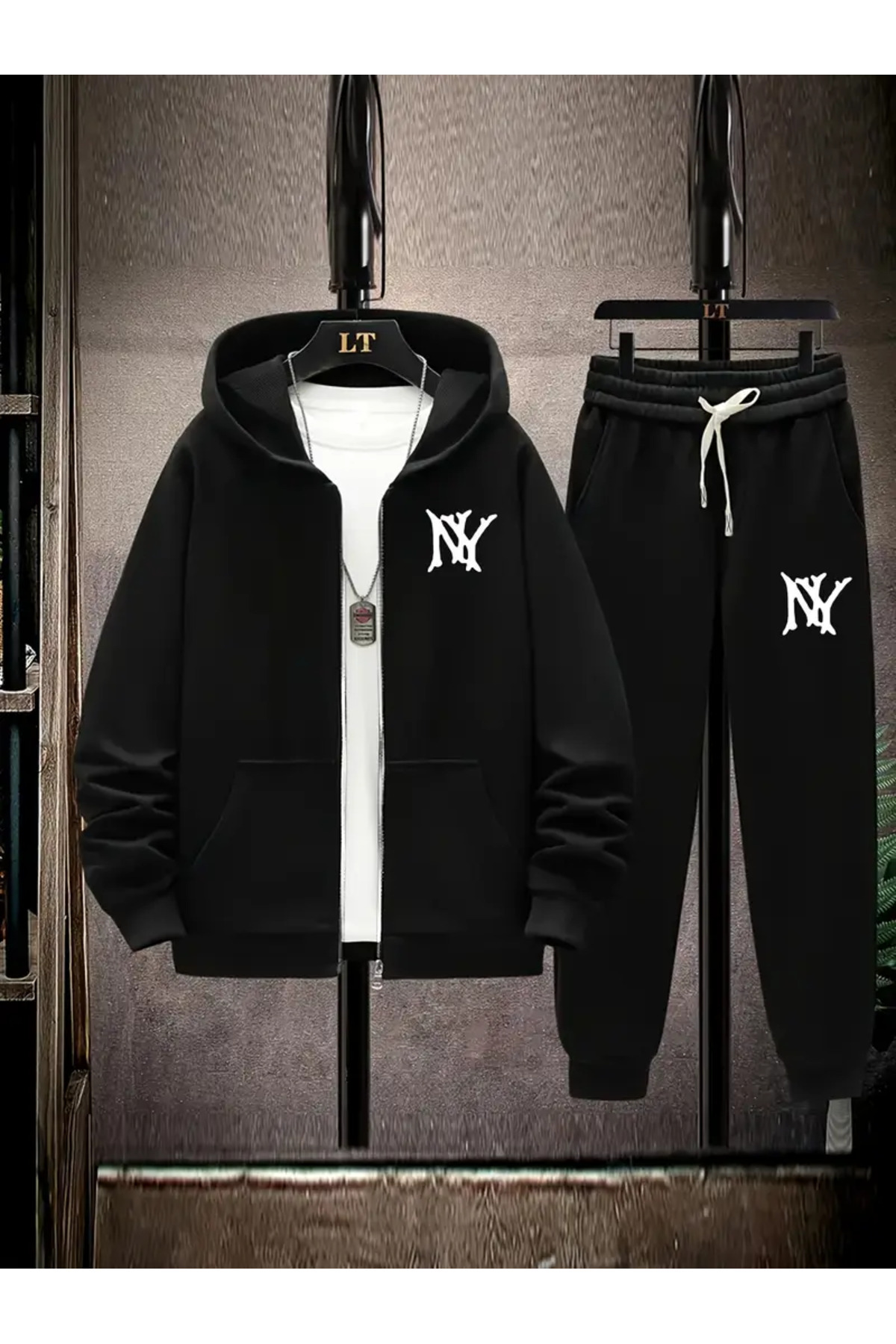 Nebulaa Tekstil  NEBULAA NY Harf Baskılı Kapüşonlu Ceket Seti, Pantolon, XS-7XL