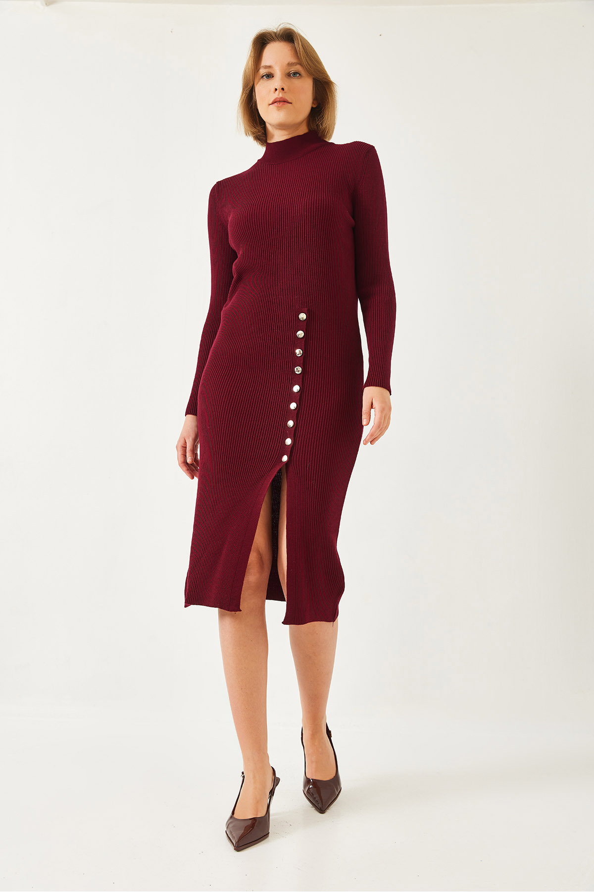 LUCCI Ribbed Textured Turtleneck Midi Knitted Dress 2