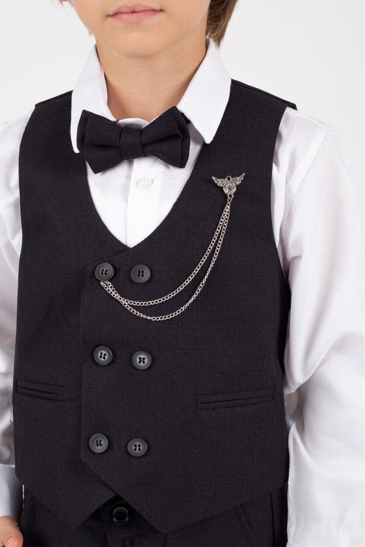 Magu-Black Kids Suit Stylish Design Tuxedo with Bow Tie Vest 3