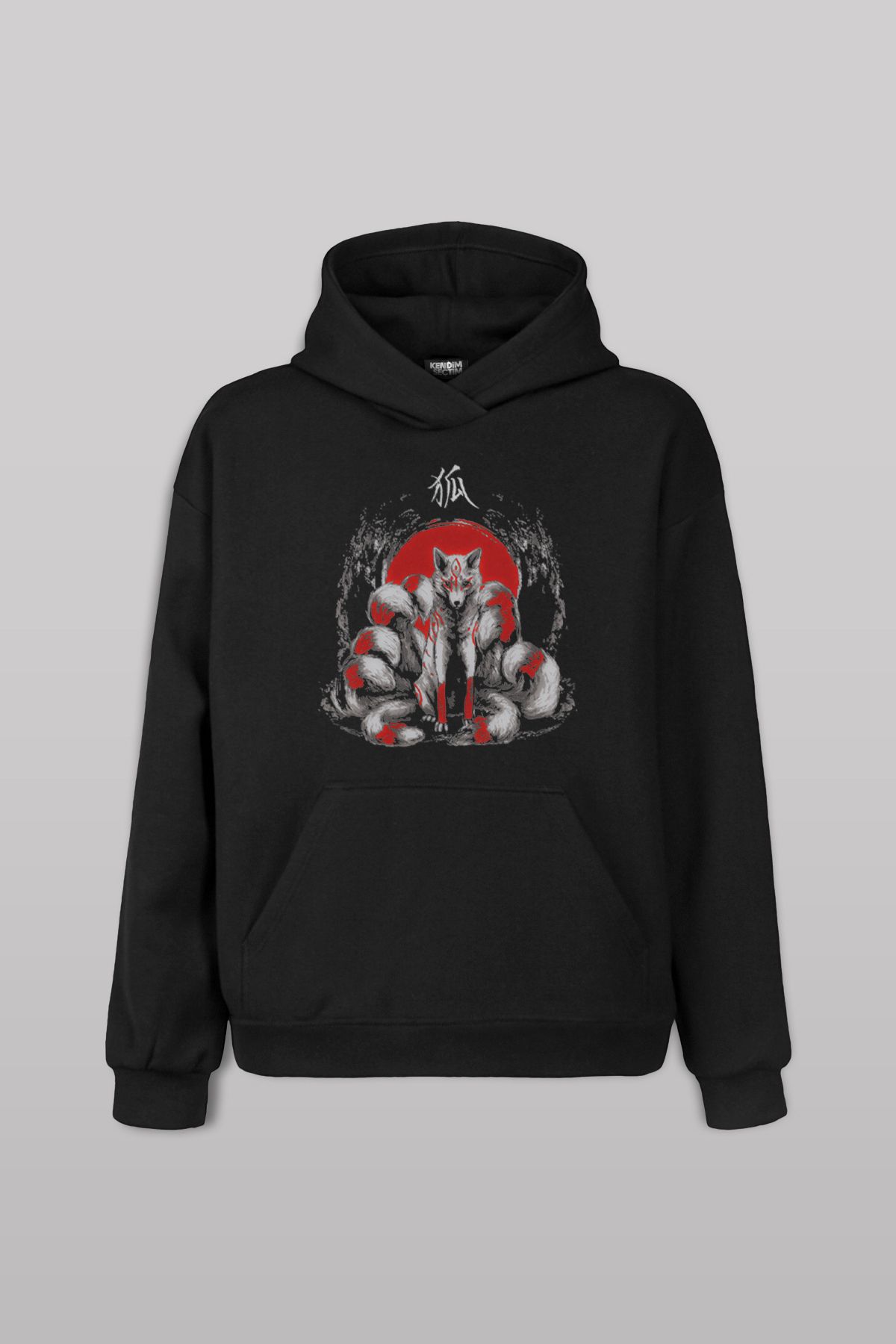 Kendim Seçtim Siyah Sweatshirt Kitsune Japon Tilkisi Japanese Ön Baskılı Unisex Kapüşonlu Hoodie