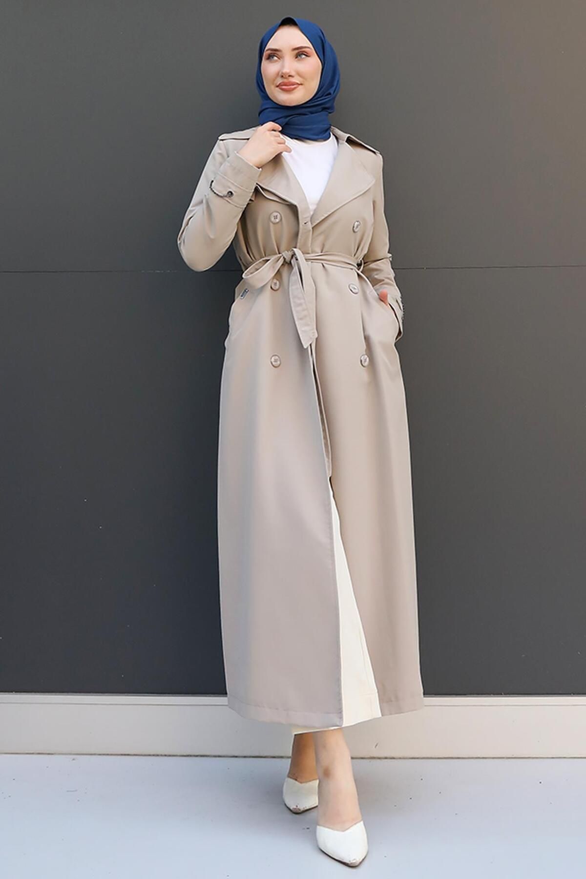 GİZ AGİYİM-Beige Trench - Chain Detailed Sleeves 3