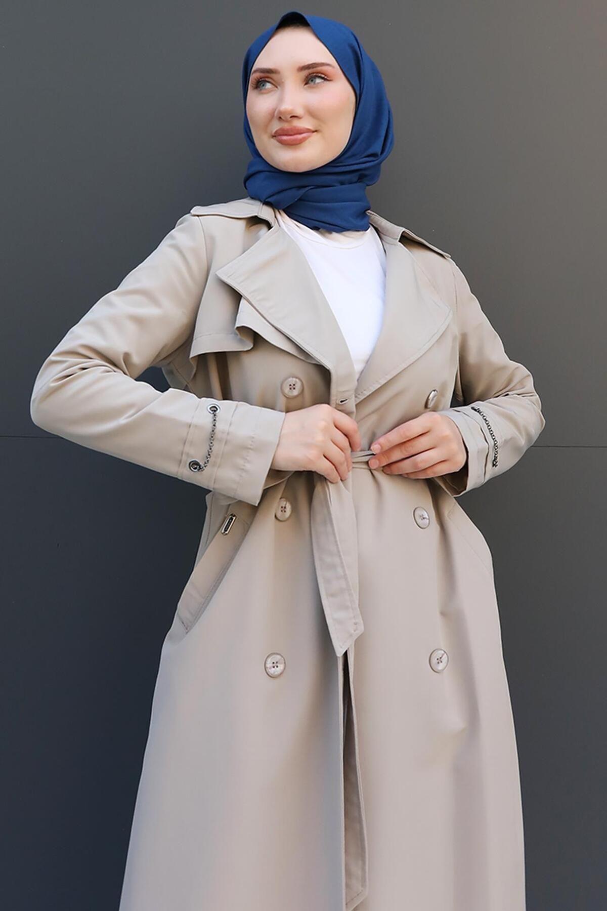 GİZ AGİYİM-Beige Trench - Chain Detailed Sleeves 5