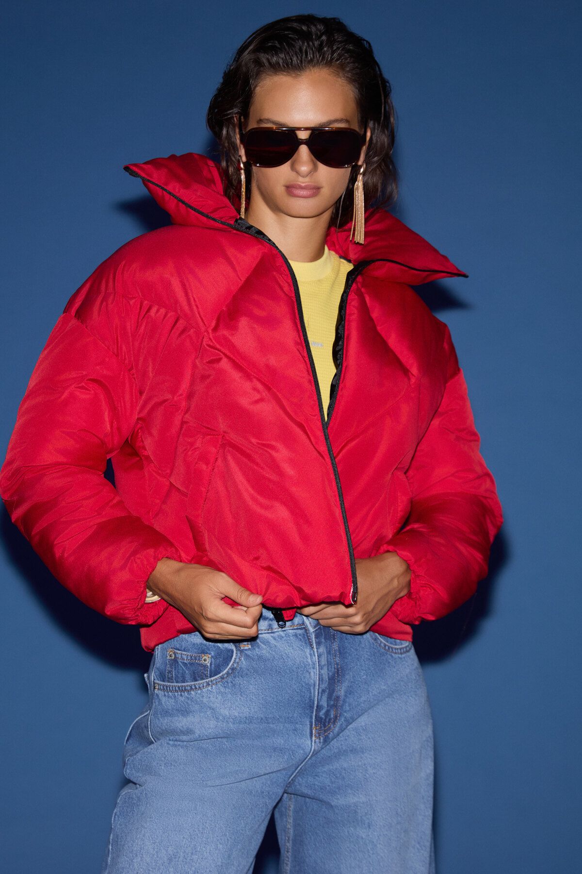 GRIMELANGE-Manon Women's Stand Collar Quilted Patterned Medium Thickness Windproof Inflatable Outerwear Red Coat 3