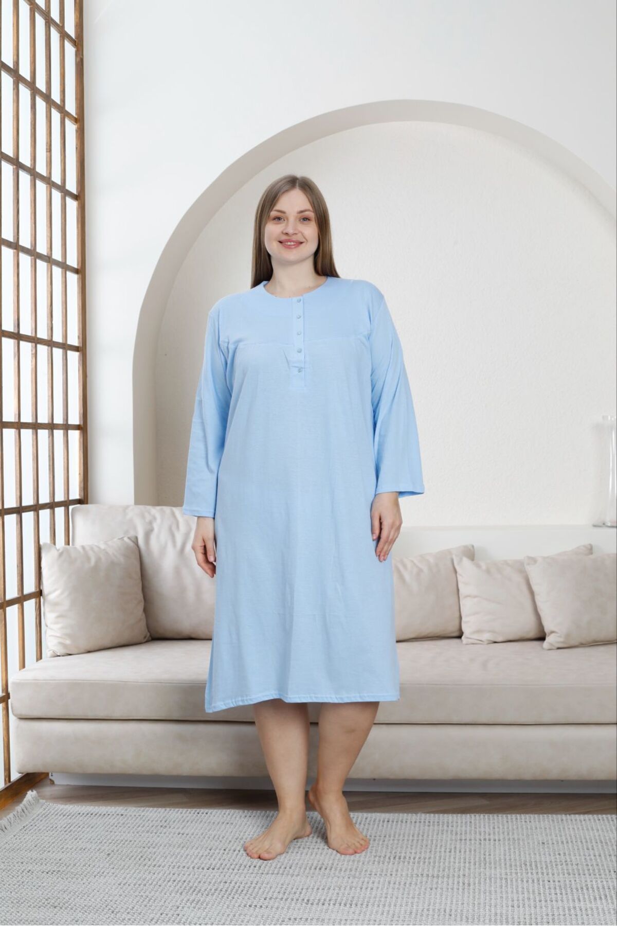 enmodaiçgiyim-Blue 100% Cotton Long Sleeve Mother Nightgown 1