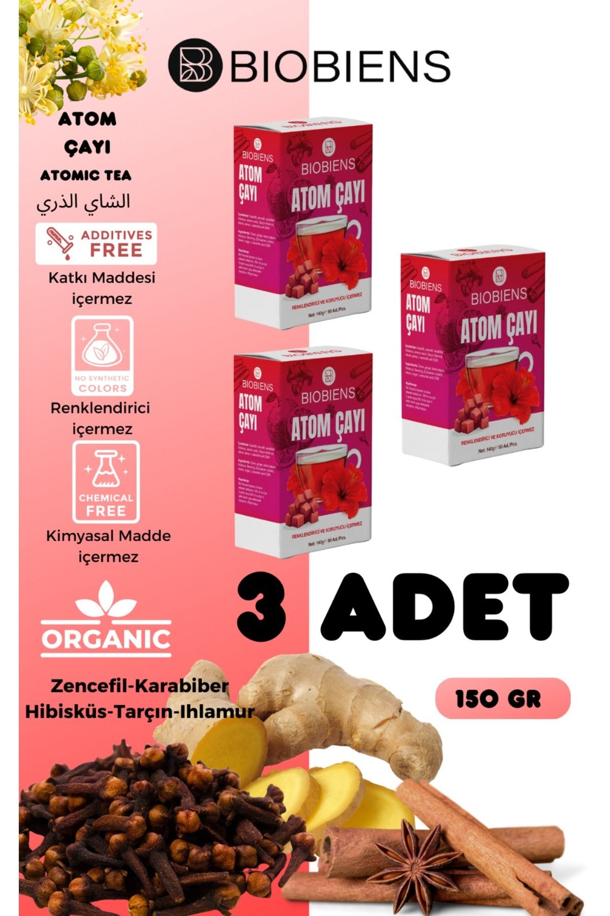 Biobiens Zencefil Ve Karabiberli Atom Çayı 150 gr. 3 lü Paket