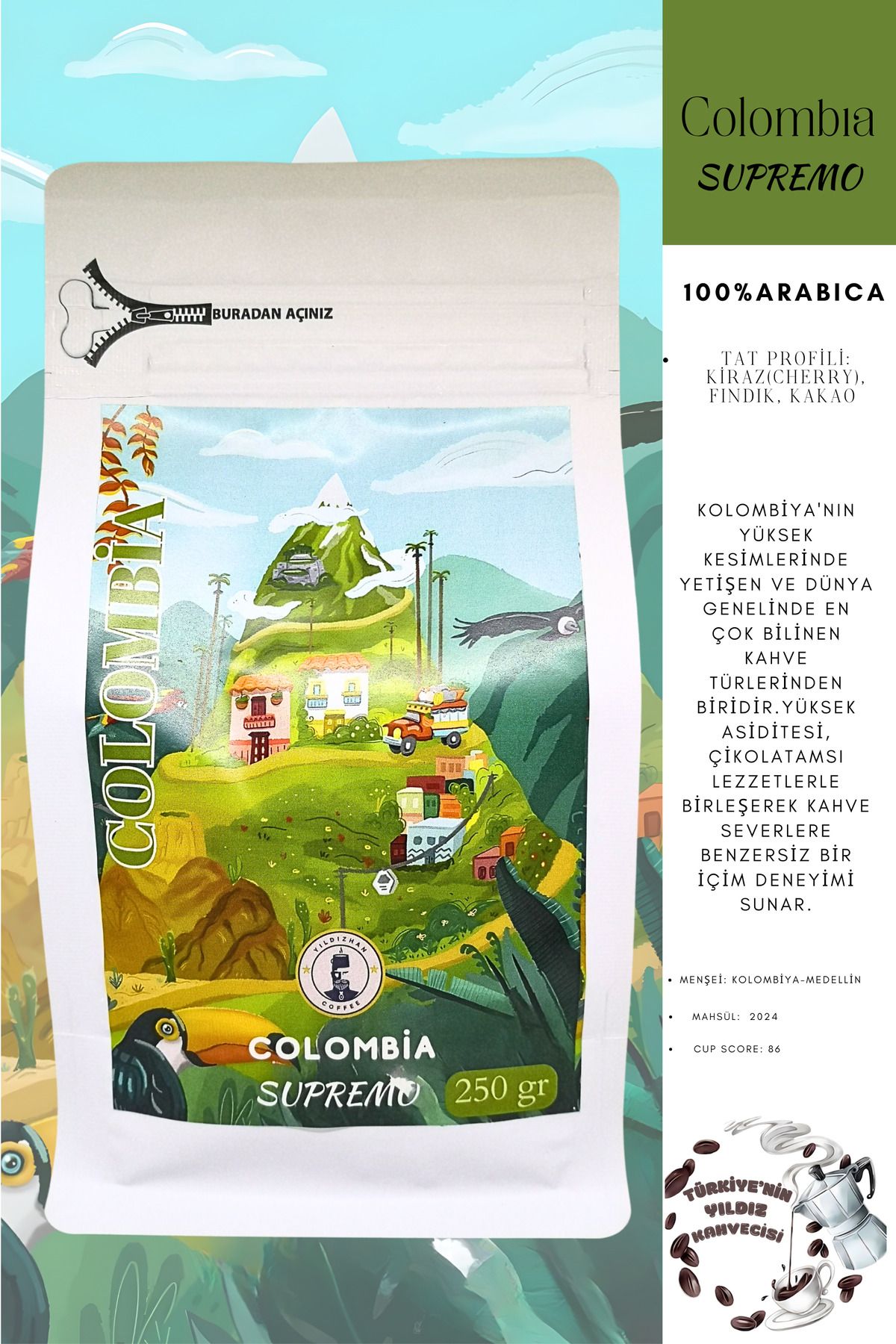 NATUREL Colombia supremo | Kolombiya Kahve |Filtre kahve | Çekirdek espresso kahve | yıldızhan coffee 250gr