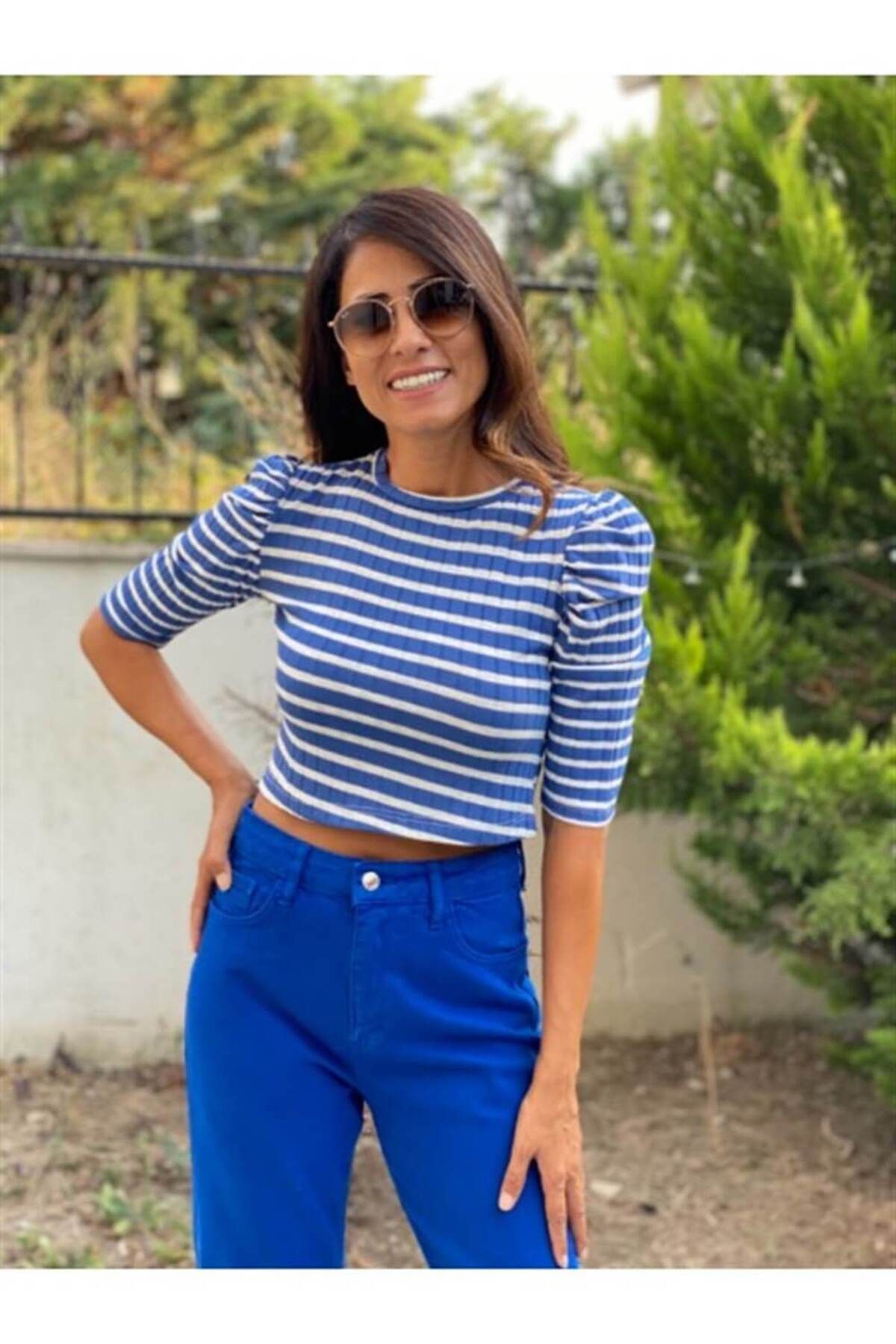 Forlady Butik Mavi Beyaz Çizgili Kadın Crop Body