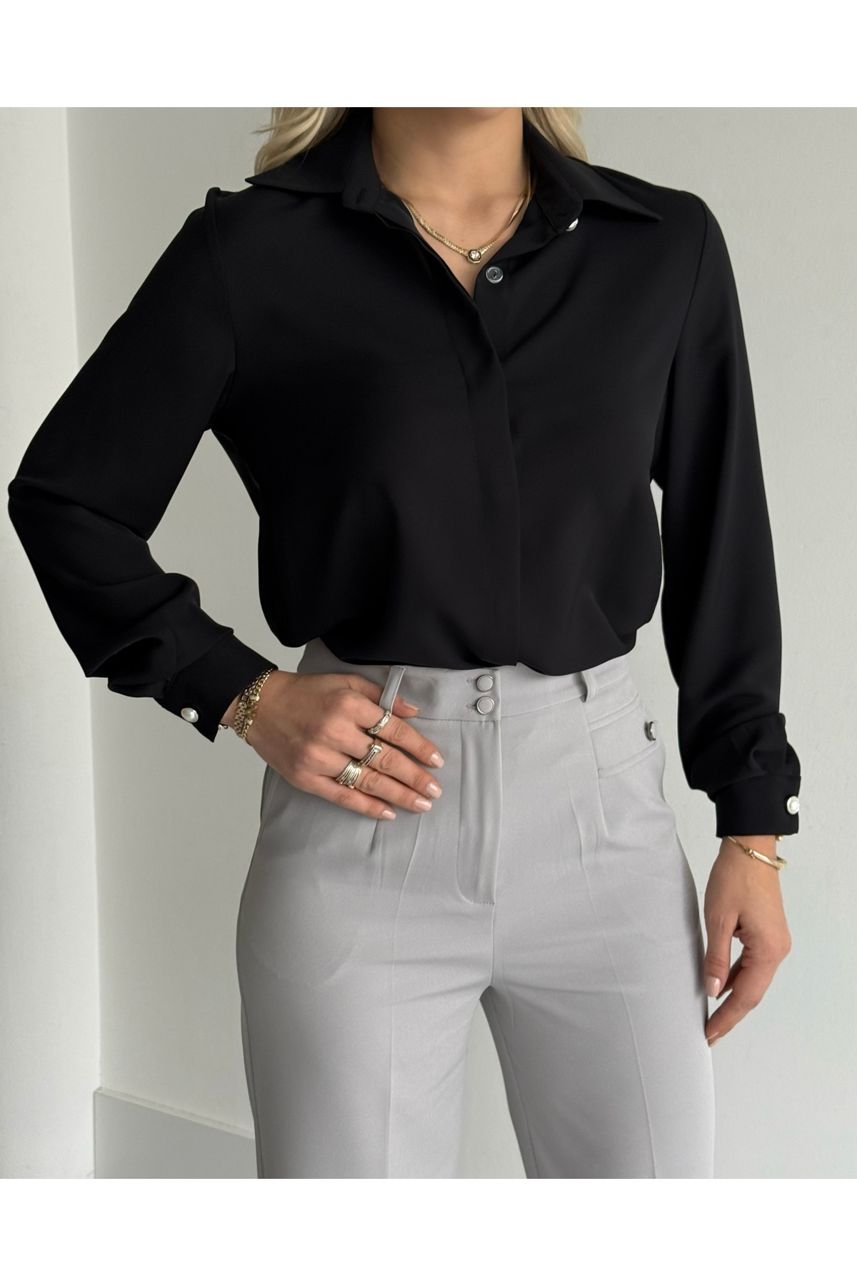 VUNTAL  GİZİL GÜĞMELİ İNCE DETAY GÖMLEK - Görsel 8