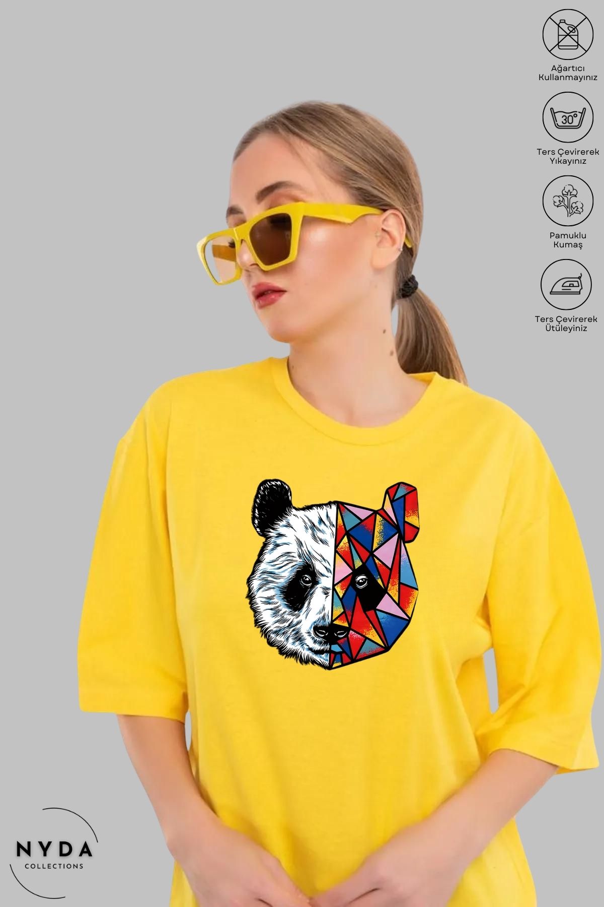 Nyda Collections Unisex Bisiklet Yaka Renkli Panda Baskılı Pamuk Oversize Kısa Kollu Tişört