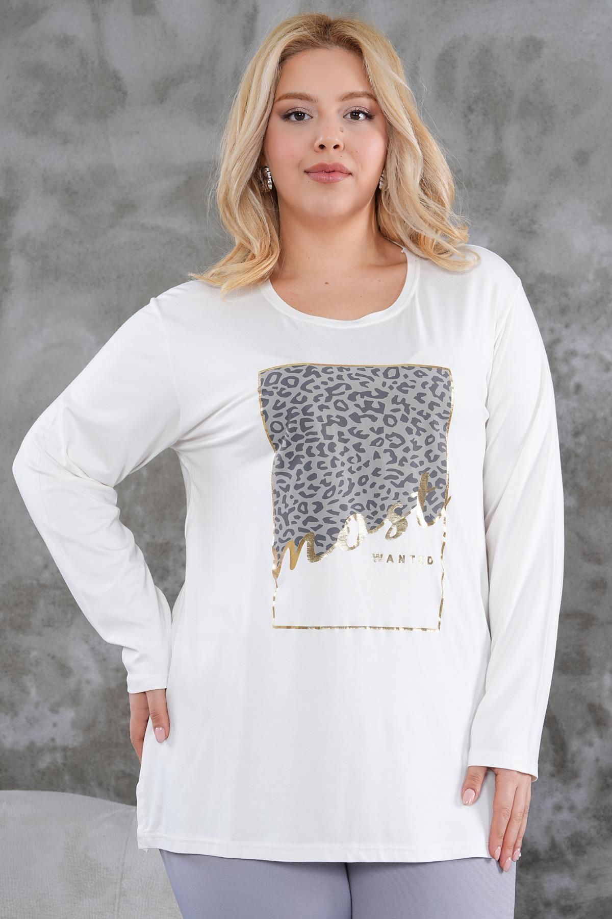 Siyezen Büyük Beden Gold Leopar Baskılı Oversize Bluz