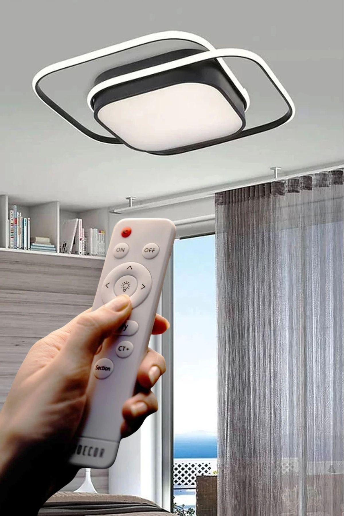 NZL Lighting İkili Kare Led Plafonyer Avize Üç Renkli Siyah Renkli Kumandalı ve LED Tavan Lambası