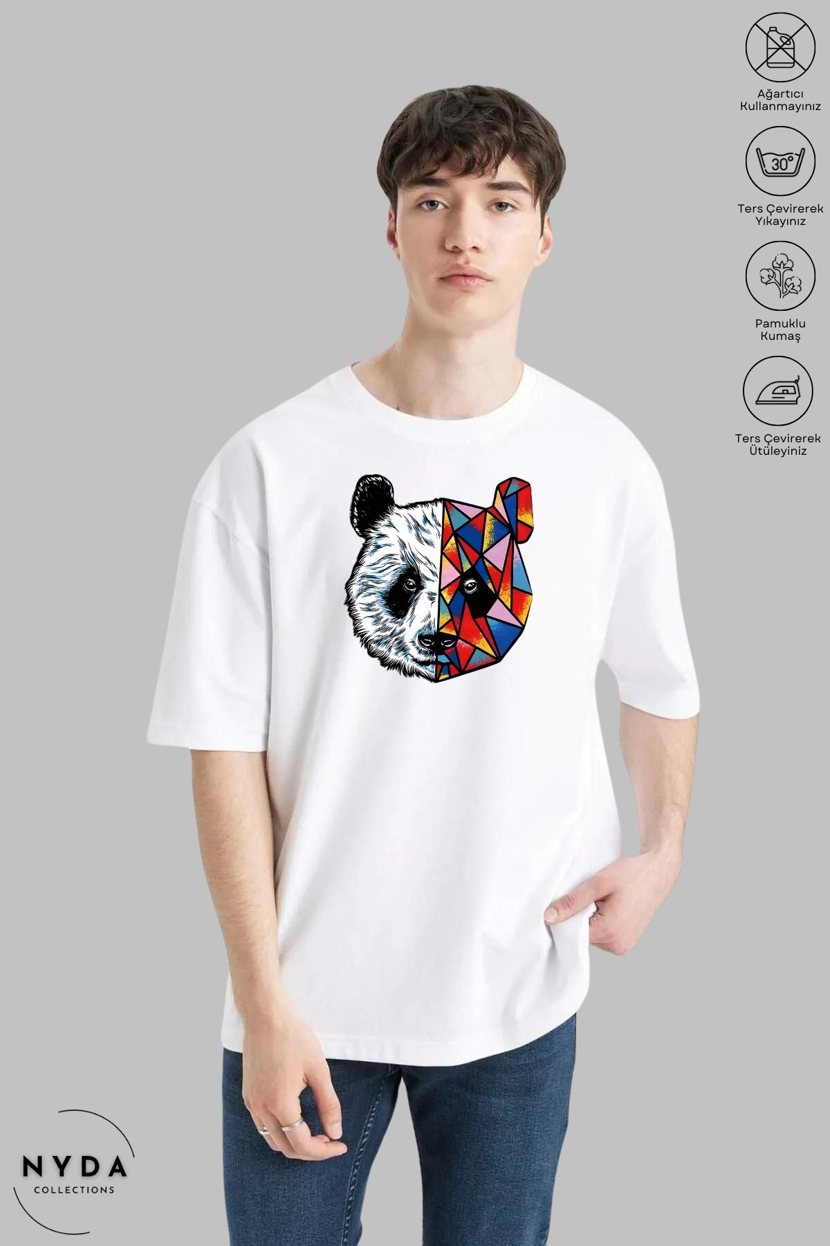 Nyda Collections Unisex Bisiklet Yaka Renkli Panda Baskılı Pamuk Oversize Kısa Kollu Tişört