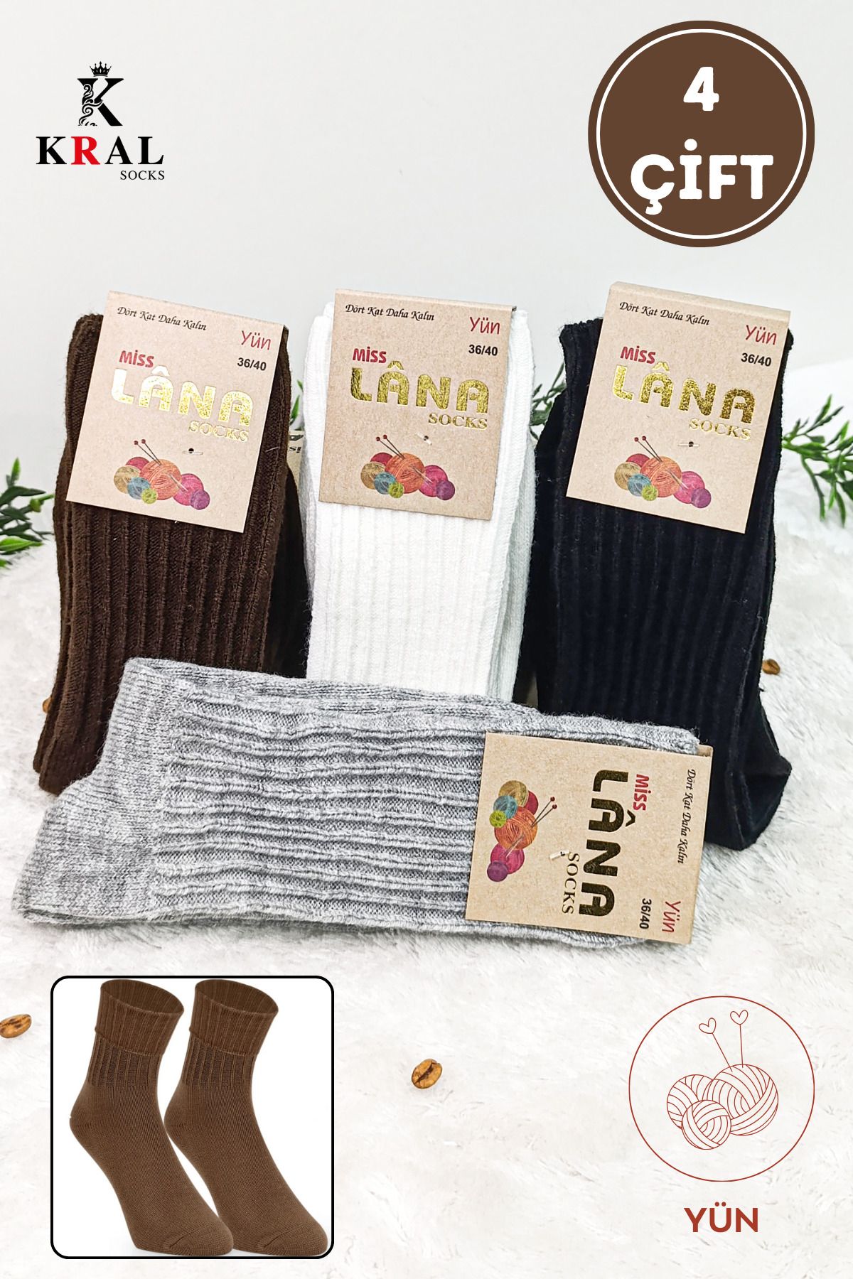 KRAL SOCKS 4'lü Kışlık Kadın Yün Çorap  Soft Termal (Sıkmayan Lastik) Uyku Çorabı