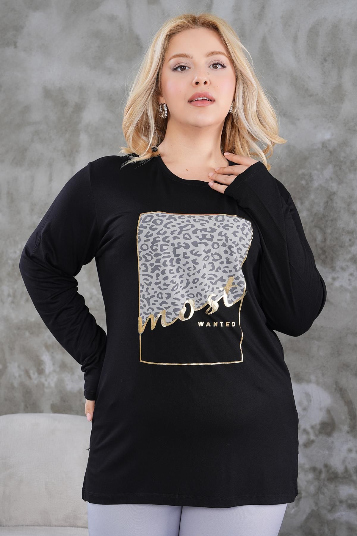 Siyezen Büyük Beden Gold Leopar Baskılı Oversize Bluz