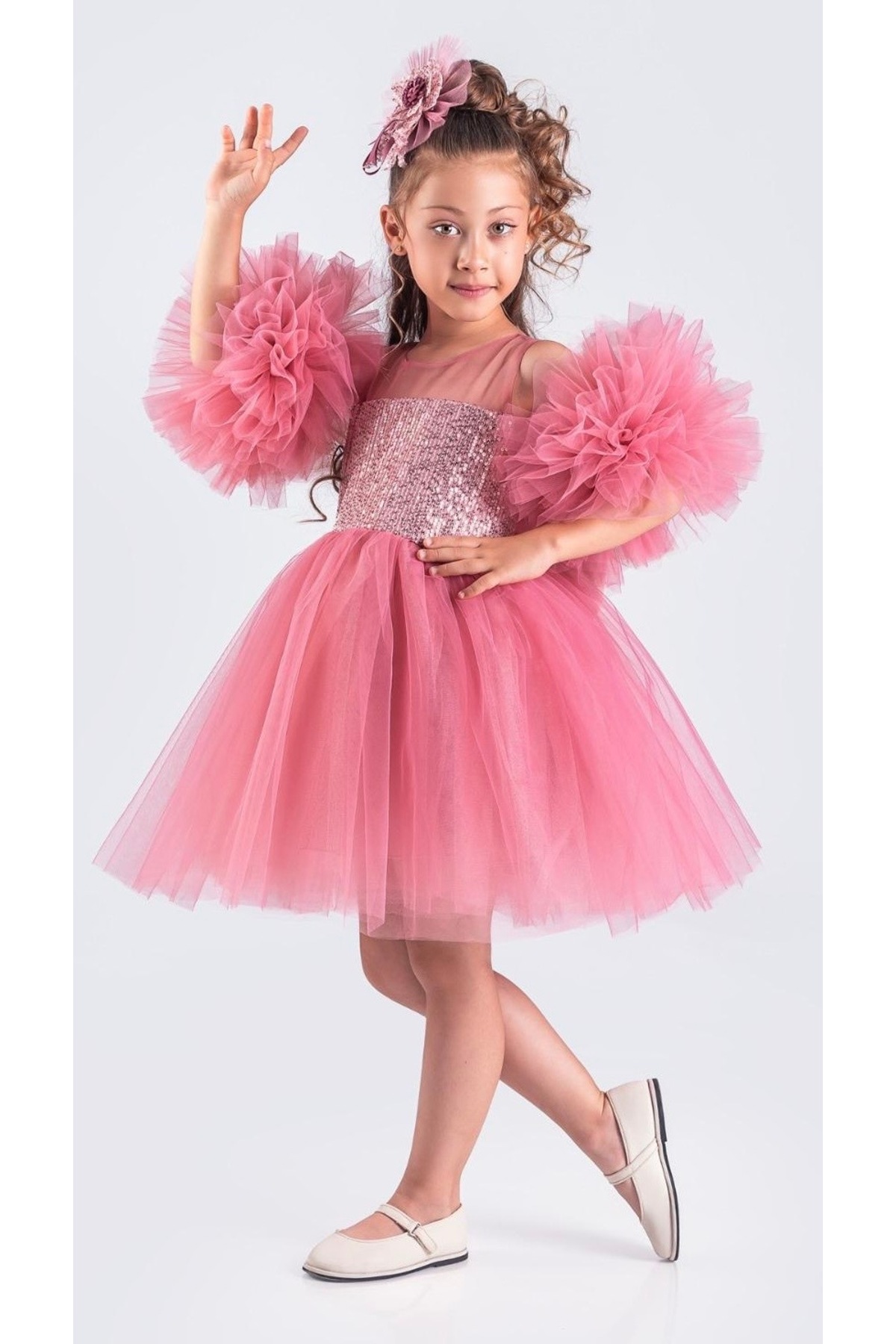 Little Pumpkin Pon Pon Kollu Elbise Pul Payetli Tütülü Doğumgünü & Düğün Kız Çocuk Abiye Elbise