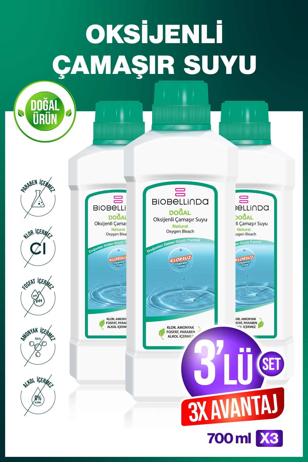 BioBellinda Oksijenli Çamaşır Suyu 700 ml ( 3'LÜ SET )