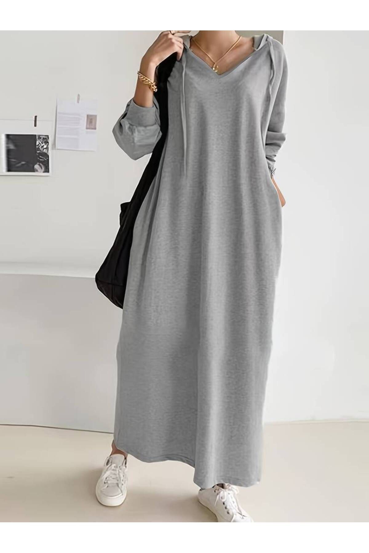 Charme Elegant Kadın V Yaka Kapüşonlu Elbise / Tunik