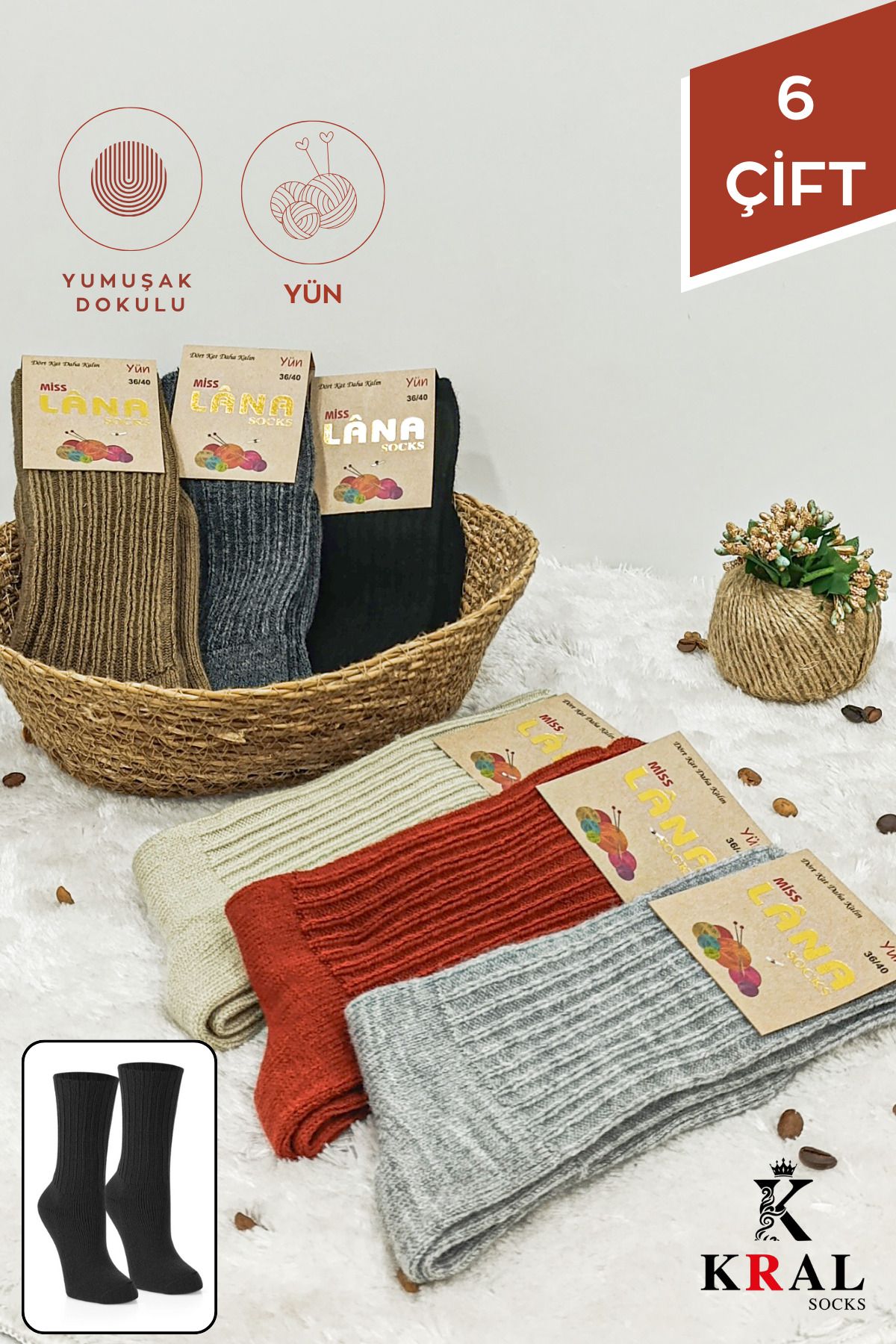 KRAL SOCKS 6'lı Kışlık Kadın Yün Çorap  Soft Termal (Sıkmayan Lastik) Uyku Çorabı