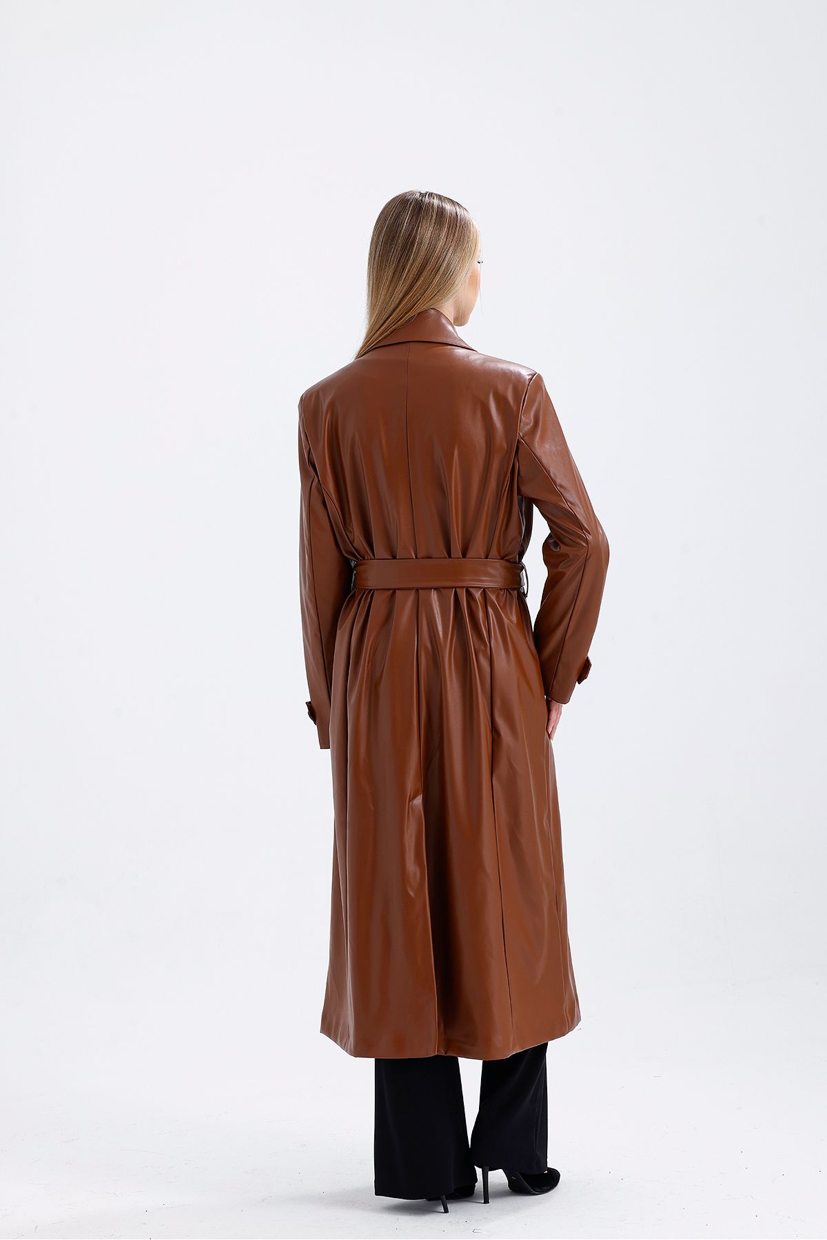 Sense-Tan Faux Leather Trench Coat Top Coat - Lined and Belted Waist 6