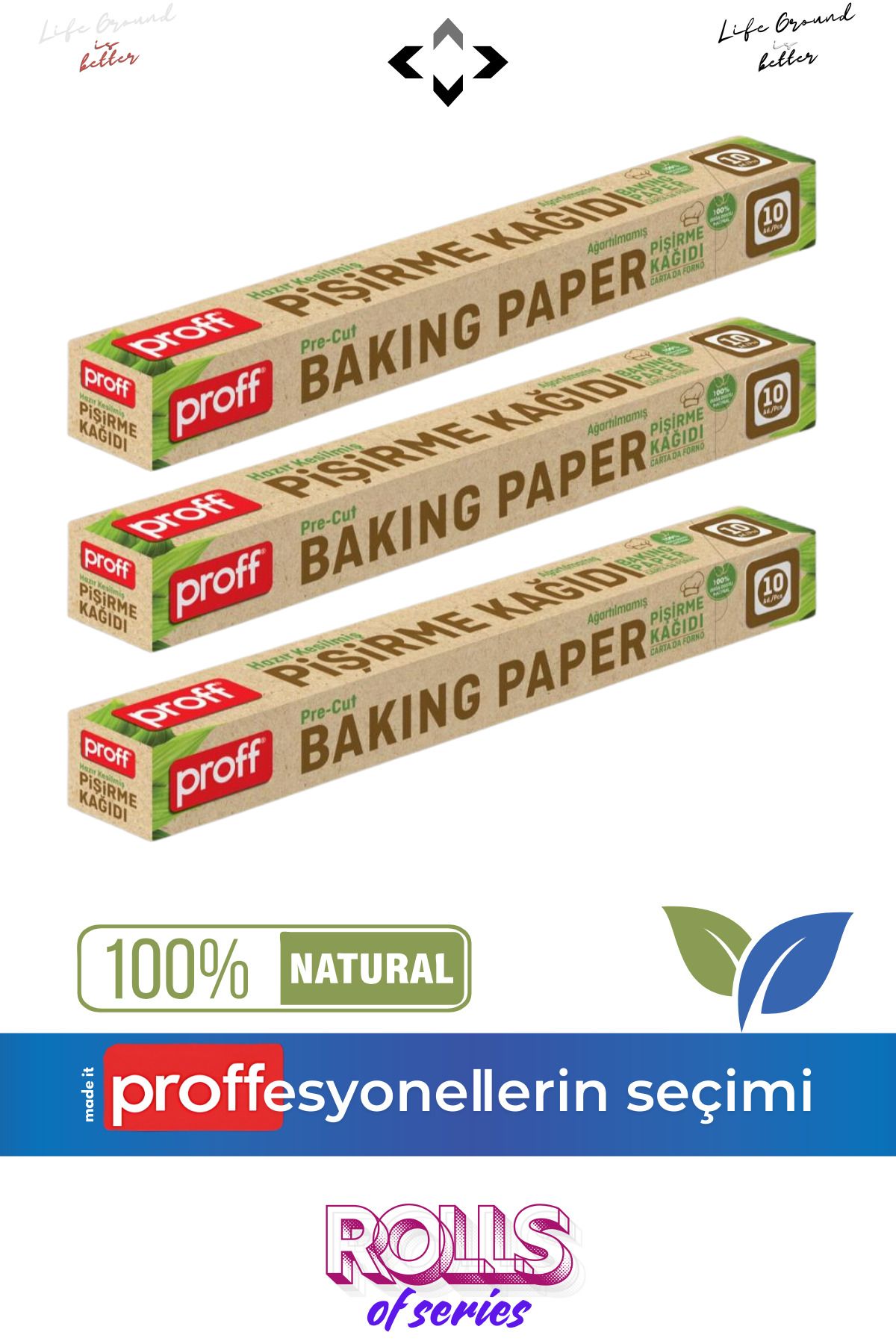 LİGROUND Proff 3x Hazır Kesilmiş Ağartılmamış Fırın Pişirme Kağıdı 10'lu 3 Paket ROLLS of Series