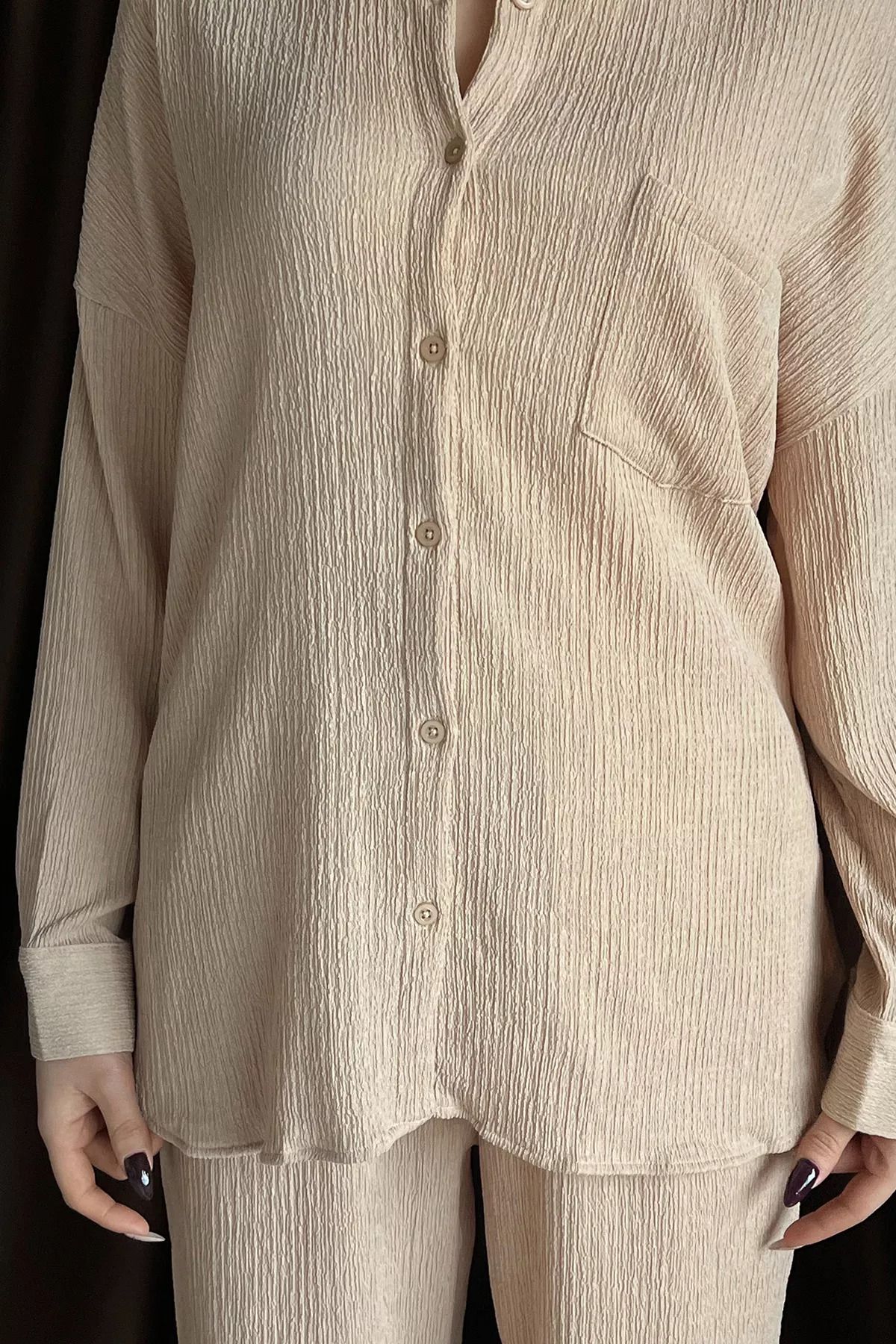 GÜLSELİ-Beige Women's Shirt Pants Wrapped Double Set 3