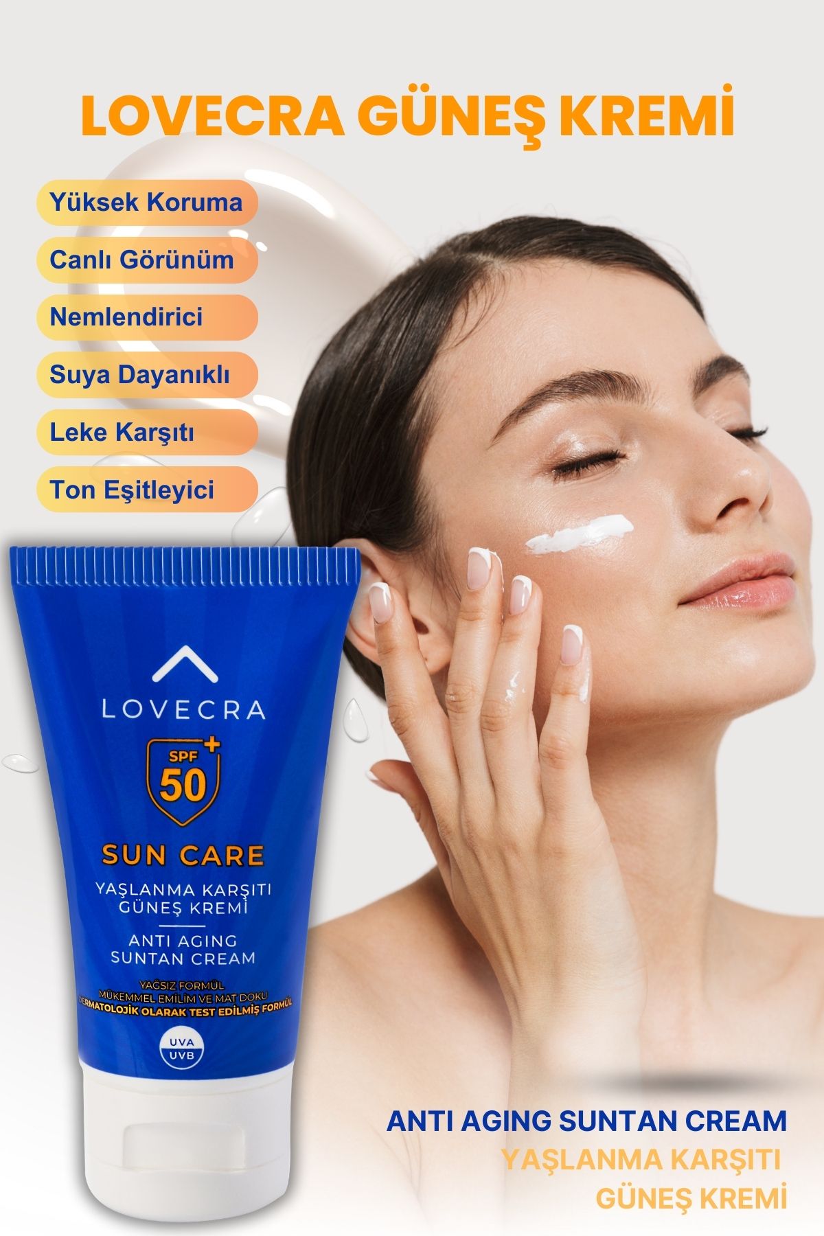 LOVECRA GÜNEŞ KREMİ SPF 50+ Yüksek UVA/UVB Koruma Yağsız Yaşlanma ve Leke Karşıtı Yüz Kremi 50ml