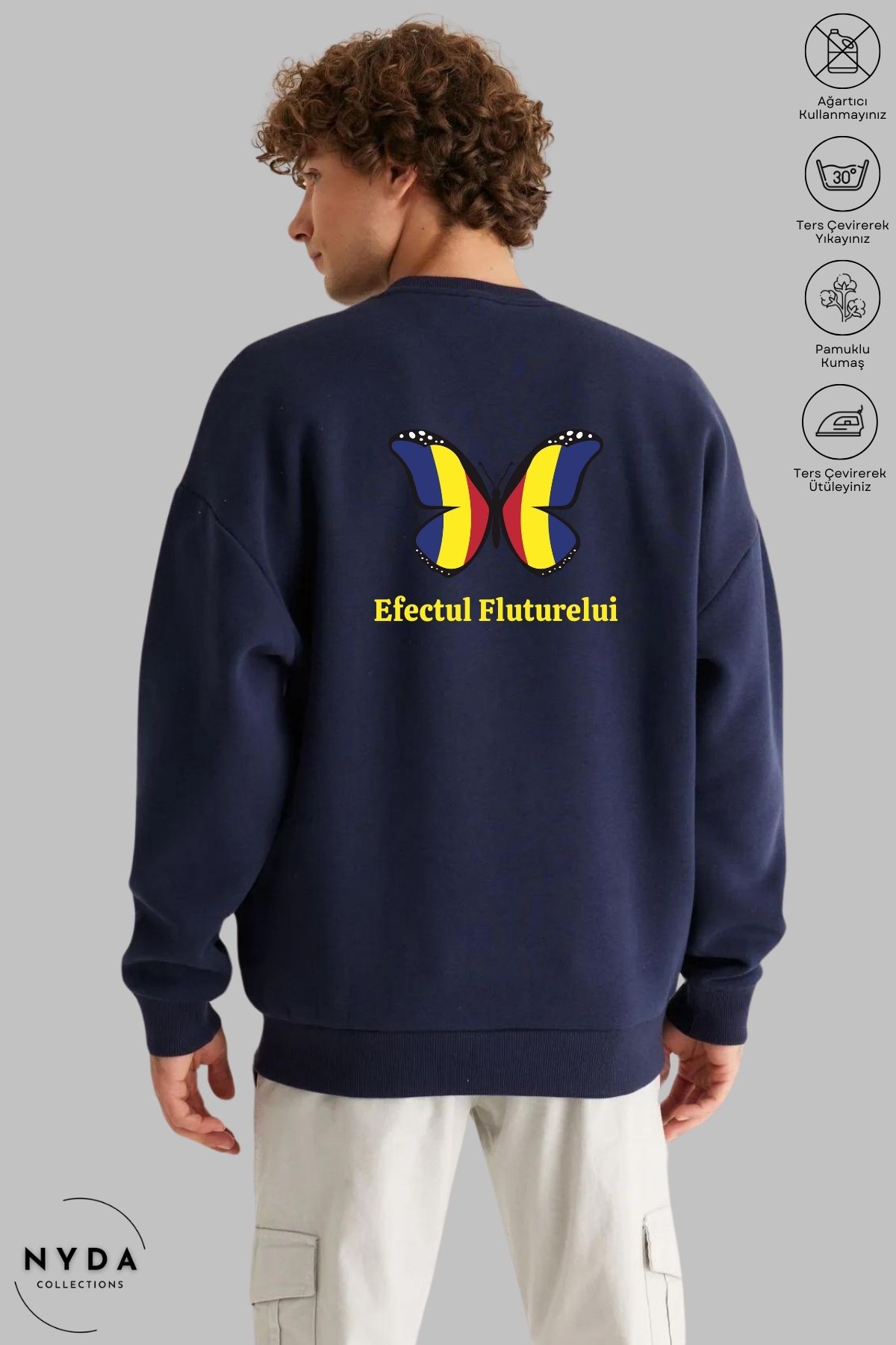 Nyda Collections Unisex Romania Efectul Fluturelui Baskılı Bisiklet Yaka Kapüşonsuz Şardonlu Oversize Sweatshirt