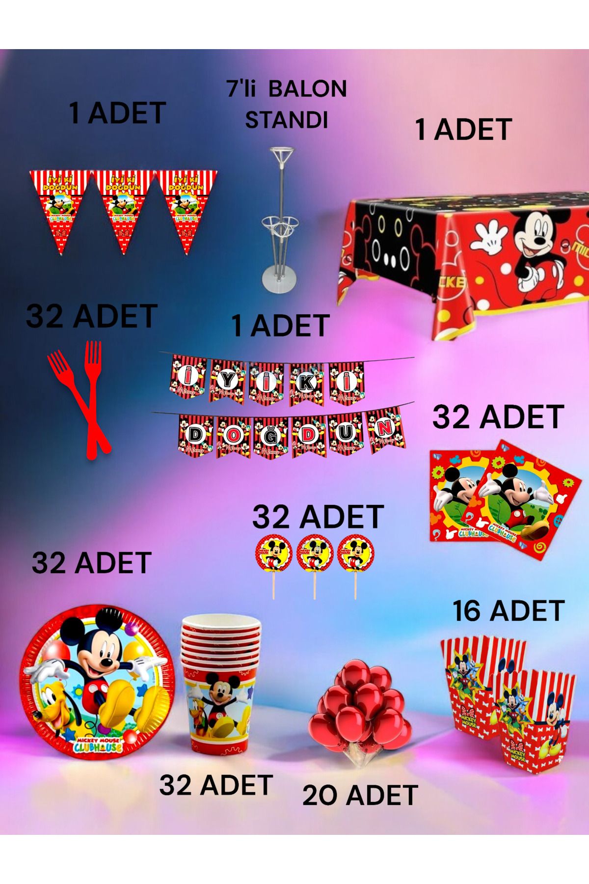 VibeHome 32 Kişilik Mickey Mouse Temalı 2Xl Paket - Doğum Günü Parti ve Eğlenceli Etkinlikler