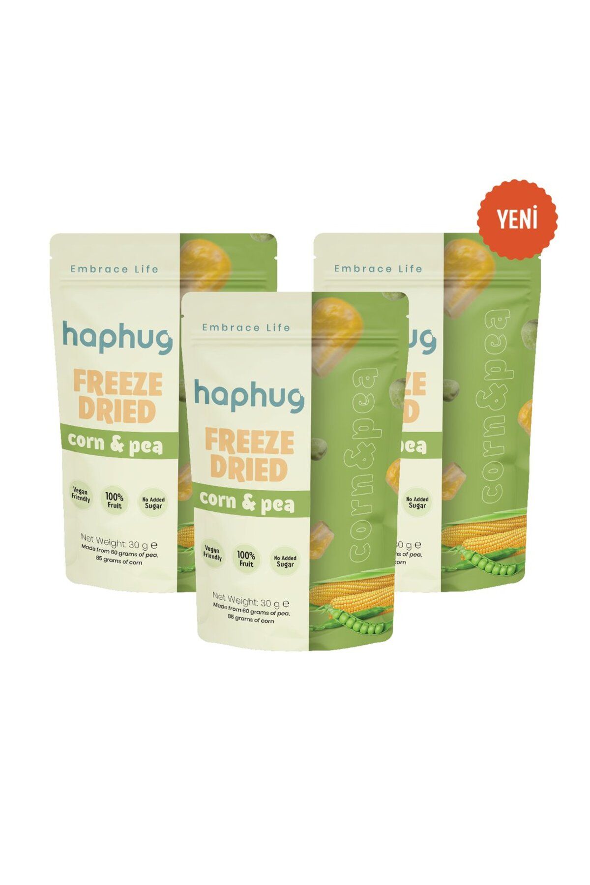 HapHug 3'lü Paket Freeze Dried Bezelye & Mısır - Dondurularak Kurutulmuş Bezelye & Mısır 30g x 3