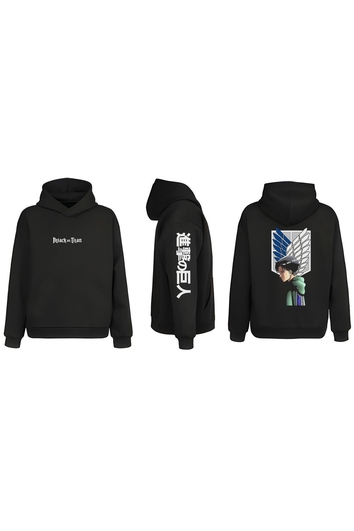 sielta Anime Attack on Titan Levi Kol Baskılı Çift Taraflı Kapşonlu Unisex Siyah Sweathsirt Hoodie