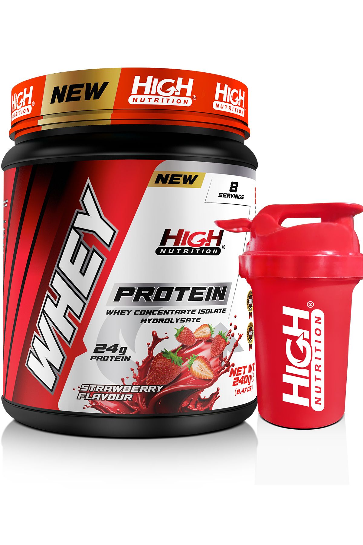 High Nutrition Whey Protein 240 gr Çilek Aromalı Protein Tozu 24 gram Protein 8 Servis