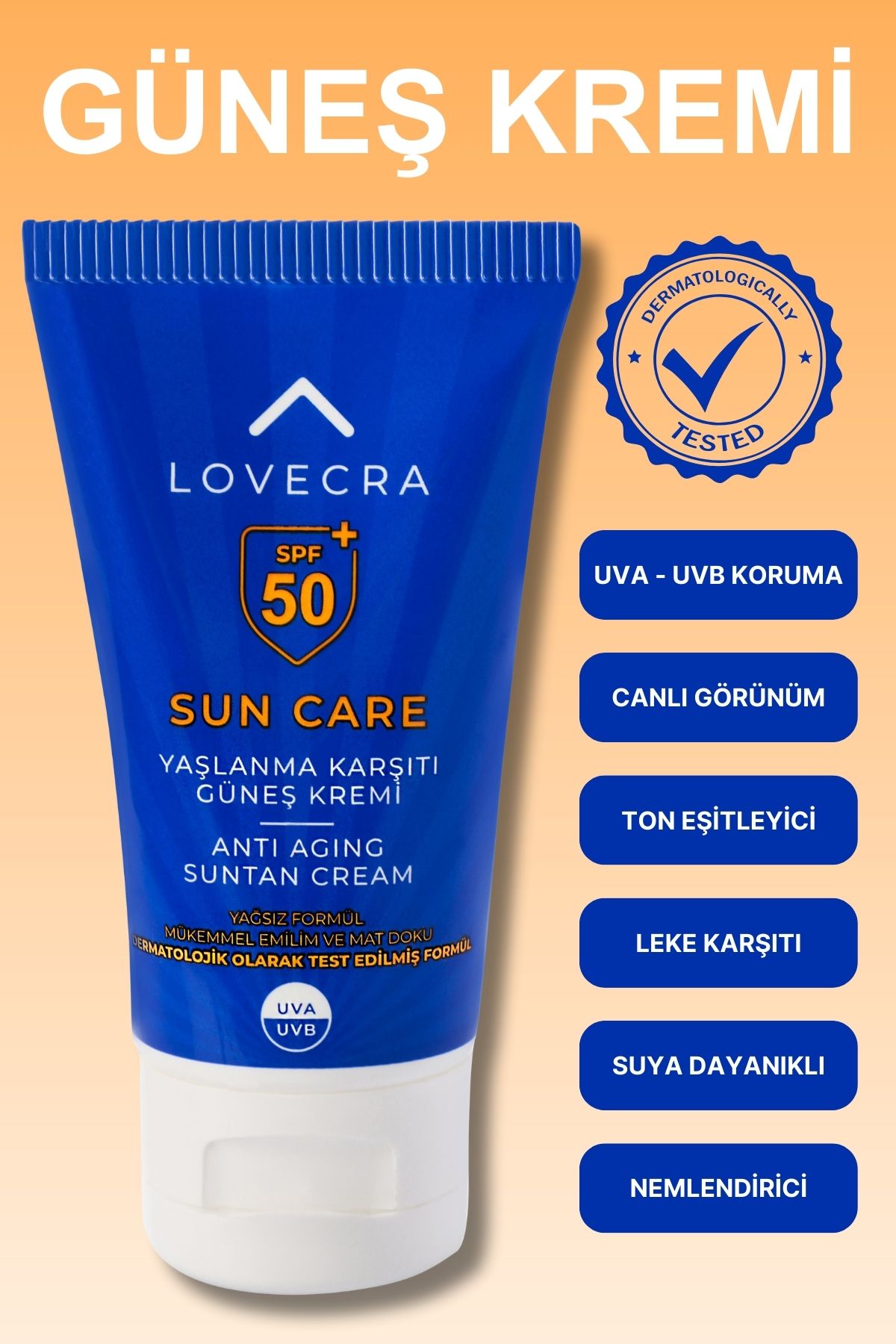 LOVECRA VÜCUT KREMİ SPF 50+ Yüksek UVA/UVB Koruma Yaşlanma Karşıtı Hızlı Emilim Yağsız Güneş Kremi 50ml