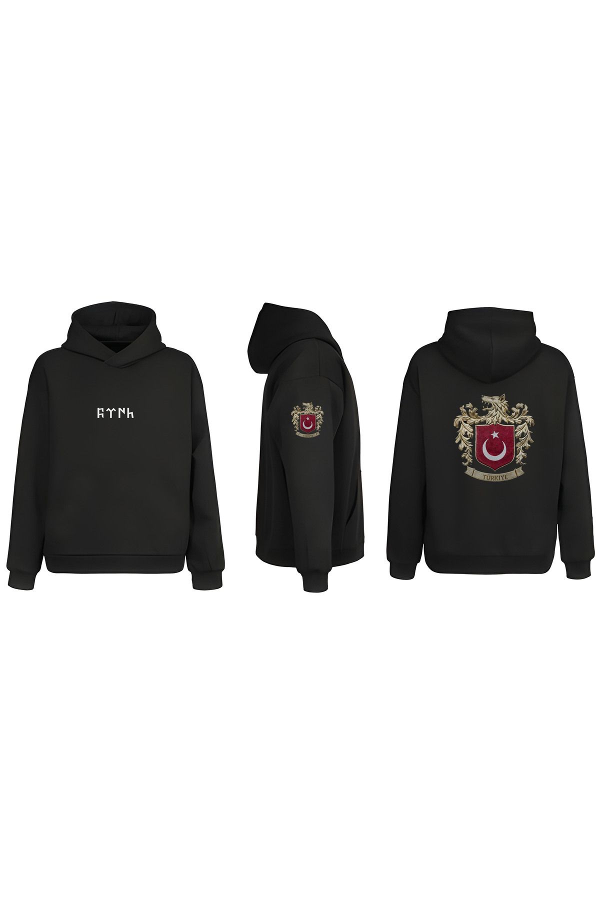 sielta Türk Bozkurt Türk Bayrağı Kol Baskılı Çift Taraflı Kapşonlu Unisex Siyah Sweathsirt Hoodie