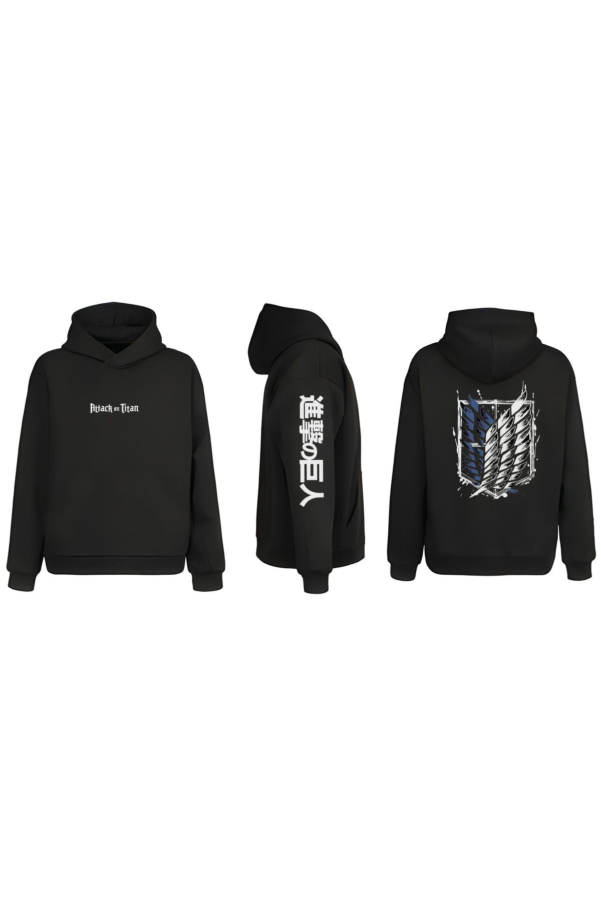 sielta Attack on Titan Kol Baskılı Çift Taraflı Kapşonlu Unisex Siyah Sweathsirt Hoodie