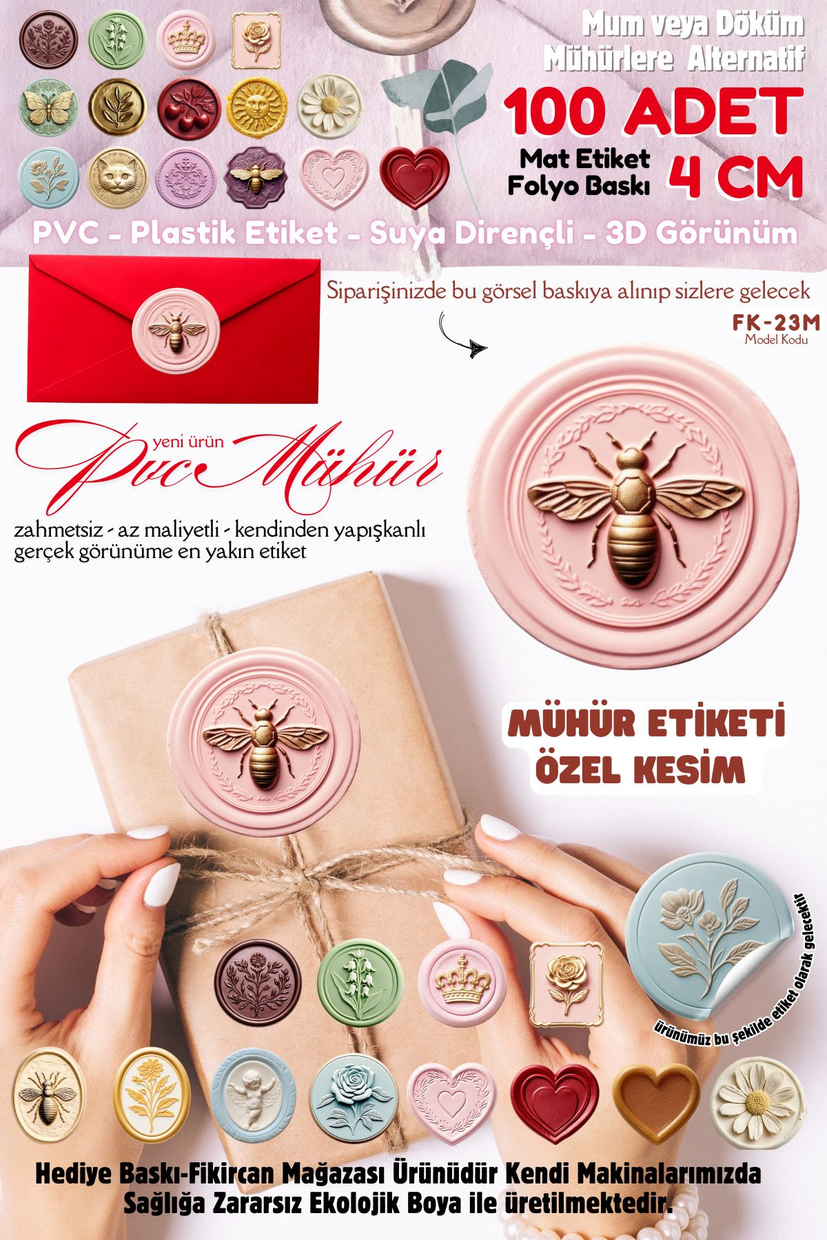 FİKİRCAN MÜHÜR ETİKETİ 100 Adet Kokusuz Ekolojik Mürekkep PVC ETİKET 4 CM MUM VE DÖKÜM ALTERNATİF