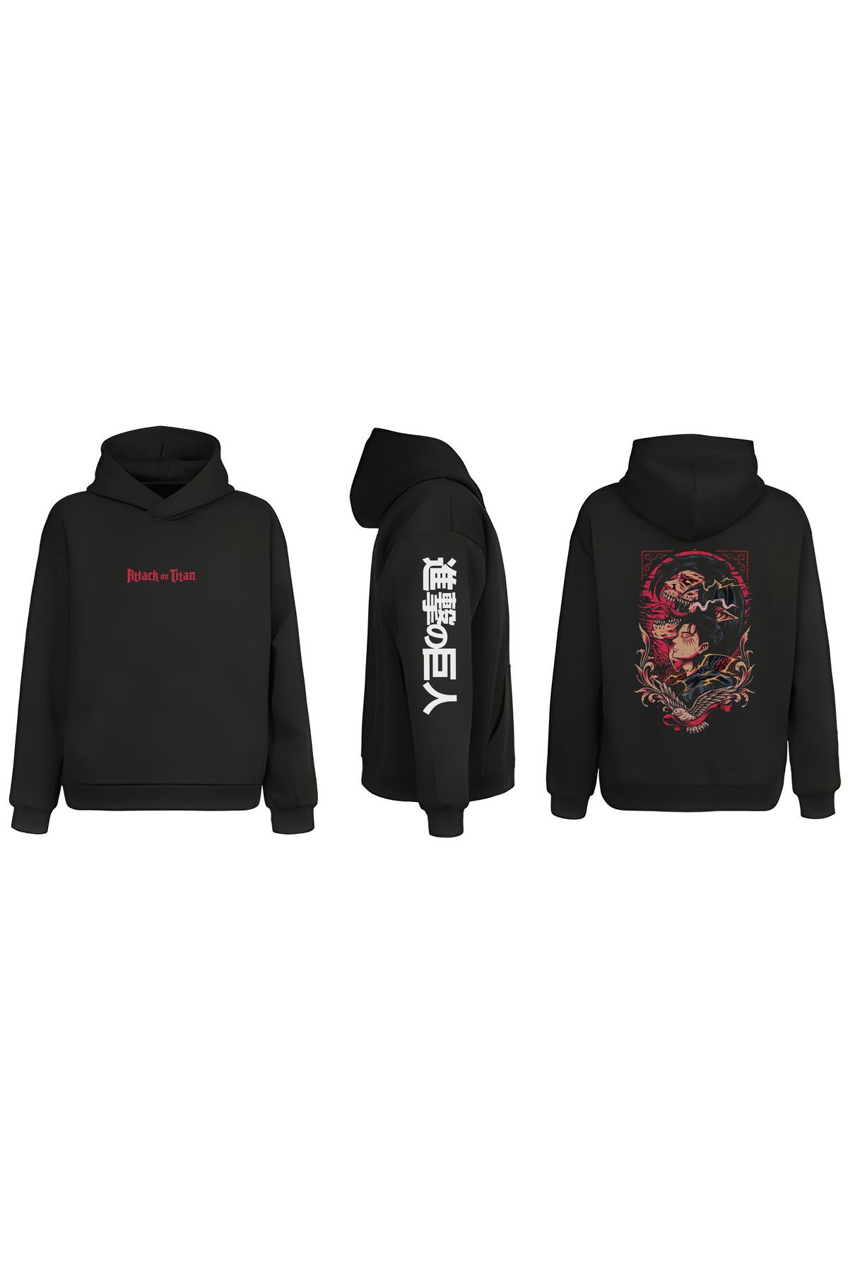 sielta Attack on Titan Kol Baskılı Çift Taraflı Kapşonlu Unisex Siyah Sweathsirt Hoodie