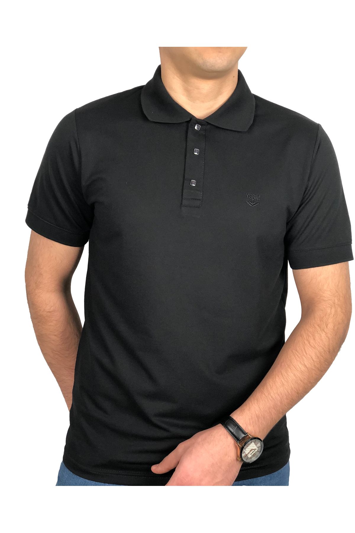 YSBM Erkek Siyah Kıvrılmaz Polo Yaka Pamuklu Pike Dokulu Rahat Regular Fit T-shirt 8493