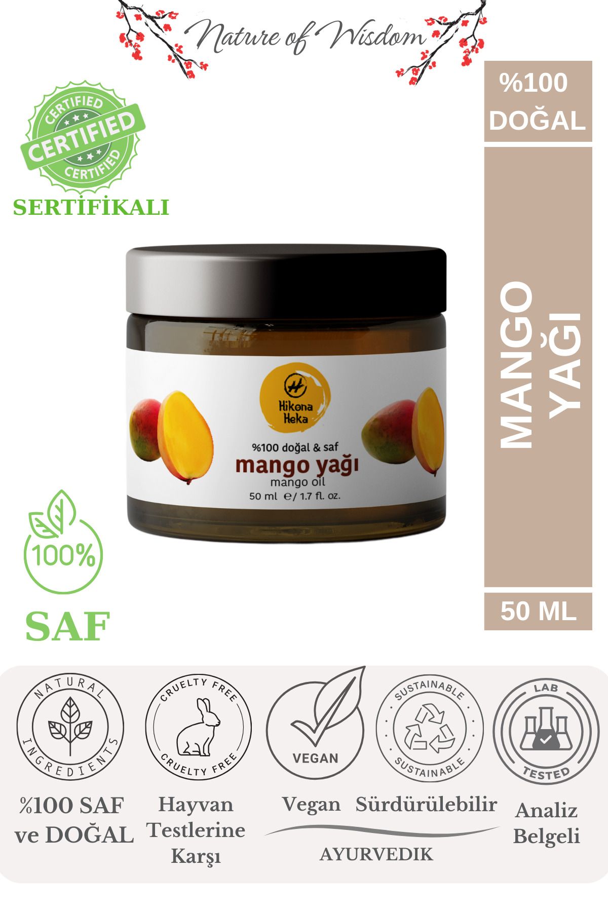 Hikona Heka Organik Katı Mango Yağı Soğuk Sıkım %100 Saf Ve Doğal Vegan Kavanoz 50 ml ( Cilt Ve Saç Bakımı)