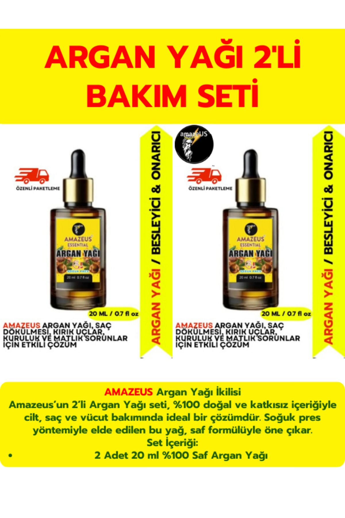 Amazeus Argan Yağı 2'li (%100 SAF VE DOĞAL-SOĞUK PRES) Besleyici Etki 2x20 ml / 1.4 Fl Oz