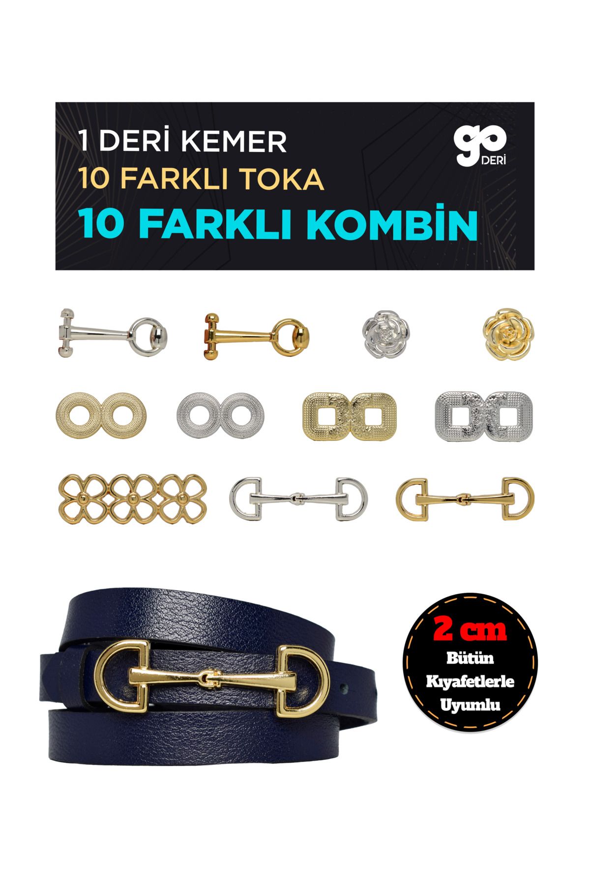 GoDeri Hakiki Deri 2 cm Lacivert Kadın Kemeri Set, 1 Kemer Şeridi ve Değiştirilebilir 10 toka ile kombi-Lac