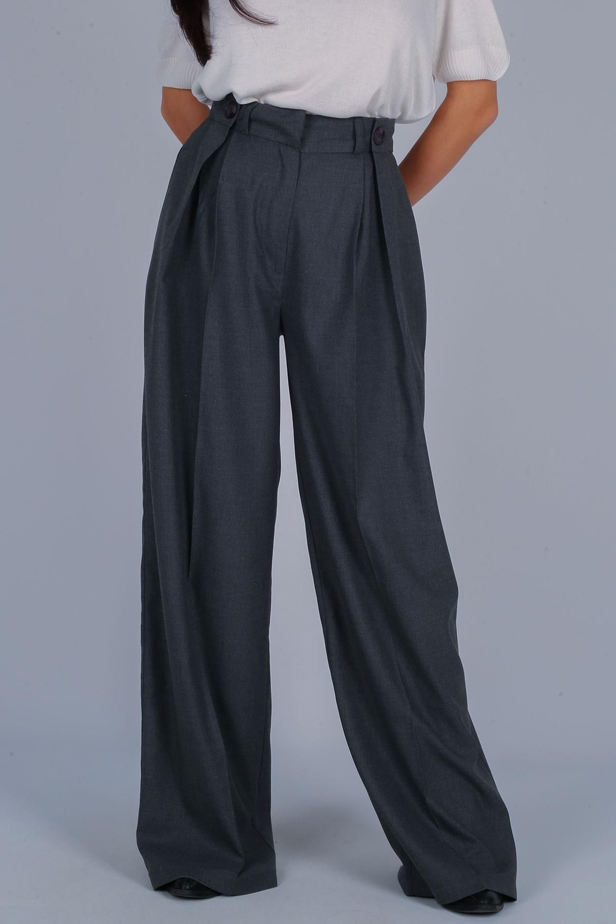 FACETTE-Women's Gray Button Detail High Waist Palazzo Pants 3