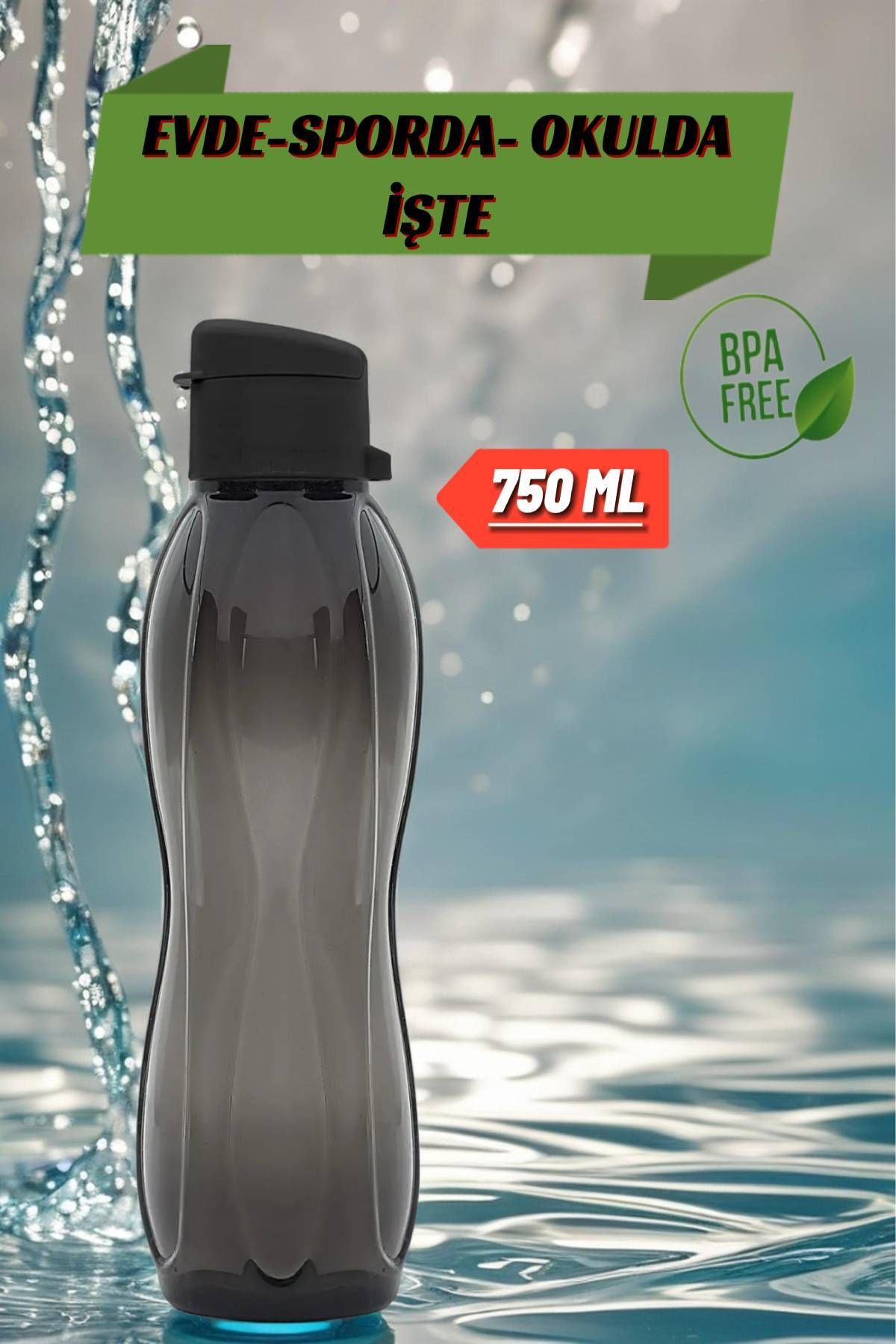 MEDUSHOP 750 ML Su Matarası Eve, Okula, Spora, İş Yerine Uygun & Su Şişesi & Suluk - Siyah