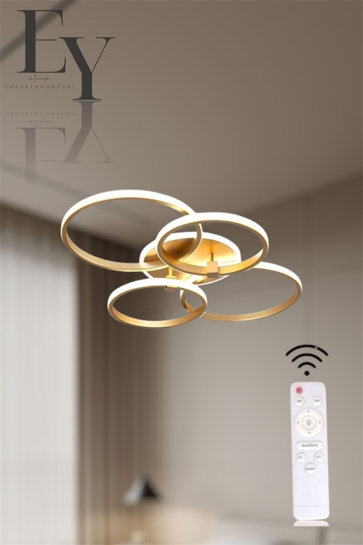 EYSHOP Modern 4’lü Yuvarlak Eskitme Model 3 Renk Kumandalı/Dimmerlı (Beyaz/Sarı/Günışığı) LED Avize