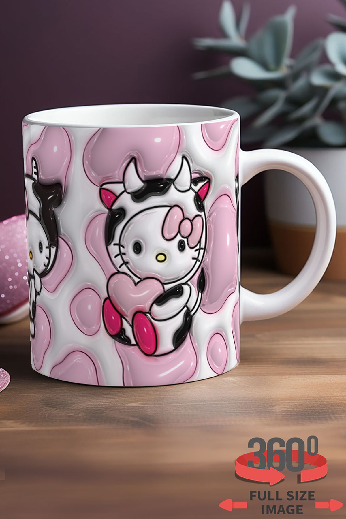 dijital moda tasarım 3D Kabartma Desen Efektli "Hello Kitty" Kişiye Özel Porselen Hediyelik Kupa Bardak