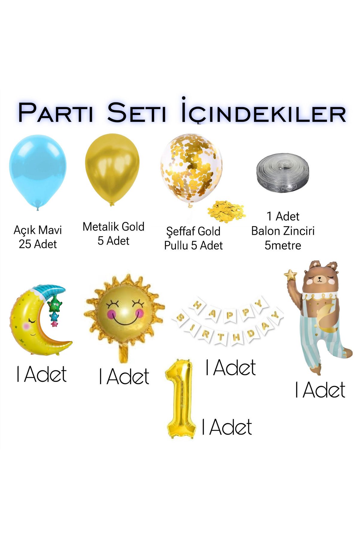 CUGY GÜLEN GÜNEŞ & AY VE ŞİRİN AYICIK FİGÜRLÜ MAVİ BALON ZİNCİRİ DOĞUM GÜNÜ SÜSÜ PARTİ SETİ