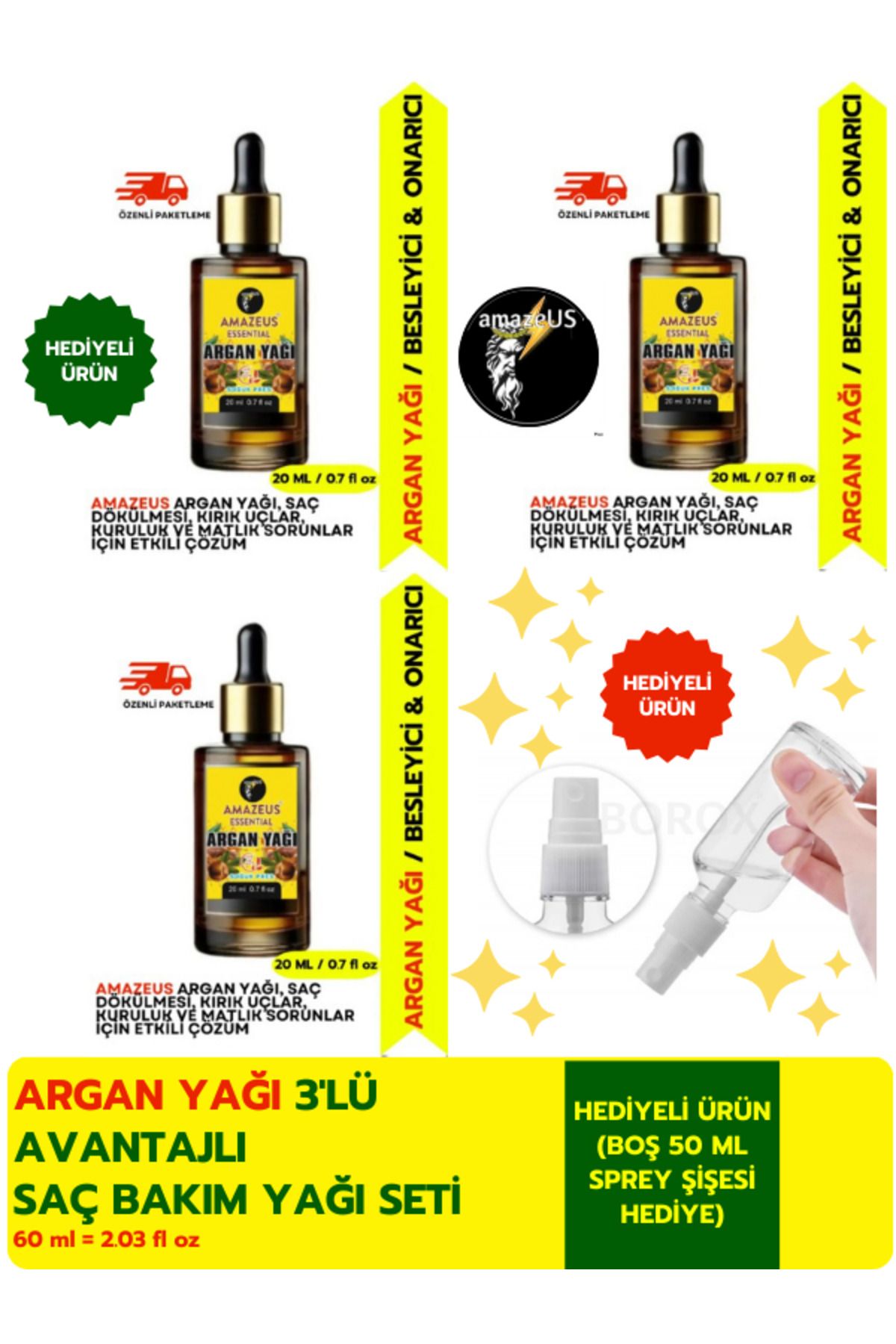 Amazeus ARGAN YAĞI 3'LÜ (%100 SAF VE DOĞAL-SOĞUK PRES) BESLEYİCİ ETKİ 3X20 ML / 2.03 Fl Oz