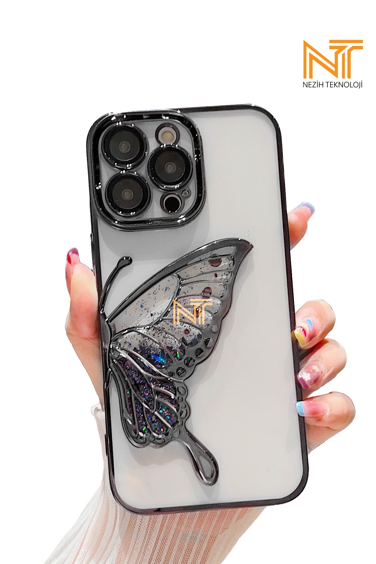 Nezih Case iPhone 16 Pro Max Uyumlu 3D Kelebek Motifli Lens Koruyuculu Kılıf