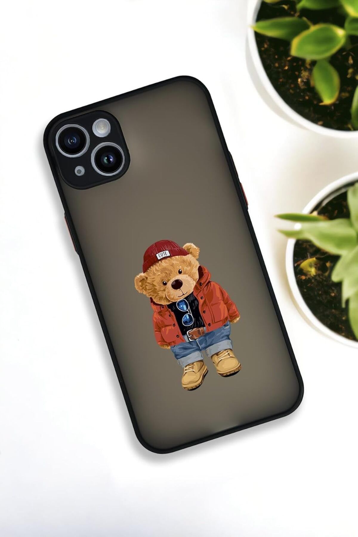 NcK Teddy Bear Desenli Buzlu Şeffaf Lüx Telefon Kılıfı iPhone 13 ile Uyumlu Siyah