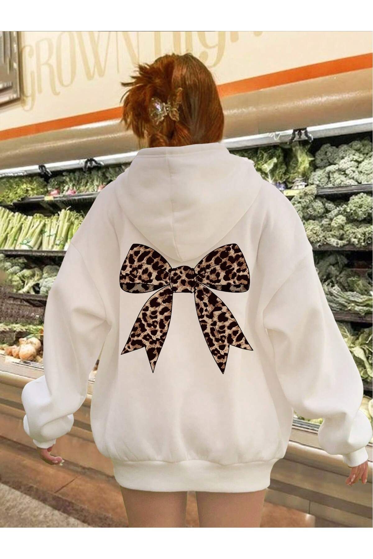 aynewmoda Tiger Leopard Print Bow Kapşonlu Sweatshirt Hırka