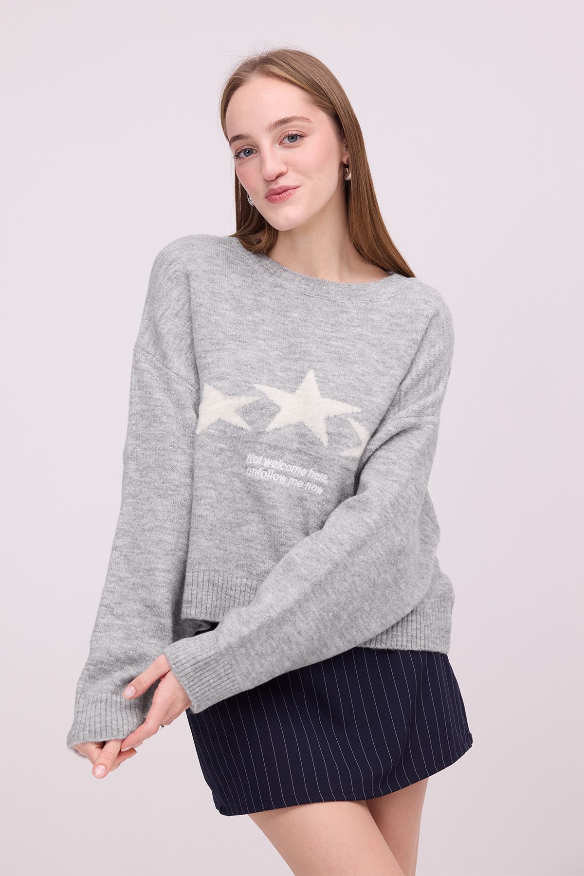 Addax-Crew Neck Star Pattern Knitwear Sweater K3450-A7 4